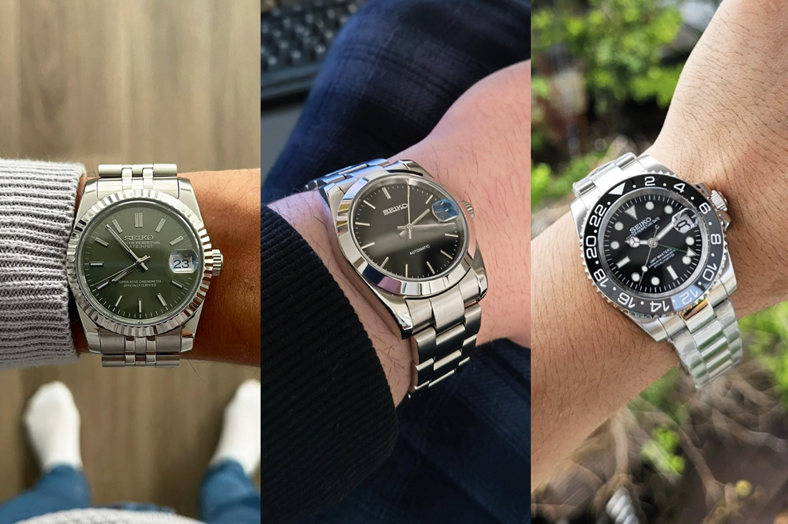 Three watches on three wrists showing the watches can fit small thin, strong, or big wrist sizes