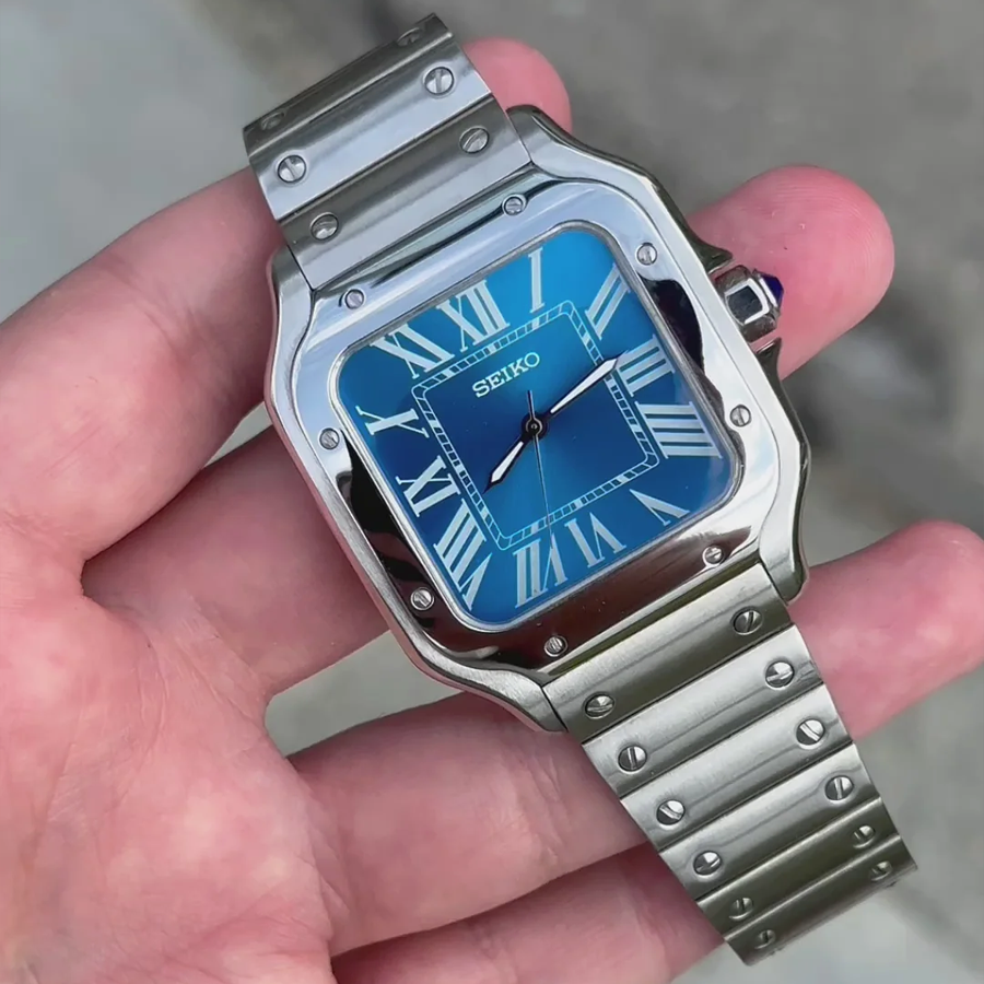 Seiko Mod Santos Blue Watch, high quality, comfortable, and versatile